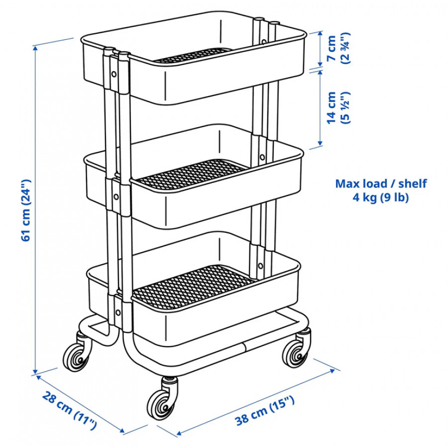 Тележка для хранения IKEA RASKOG, 38x28x61, серо-зеленая
